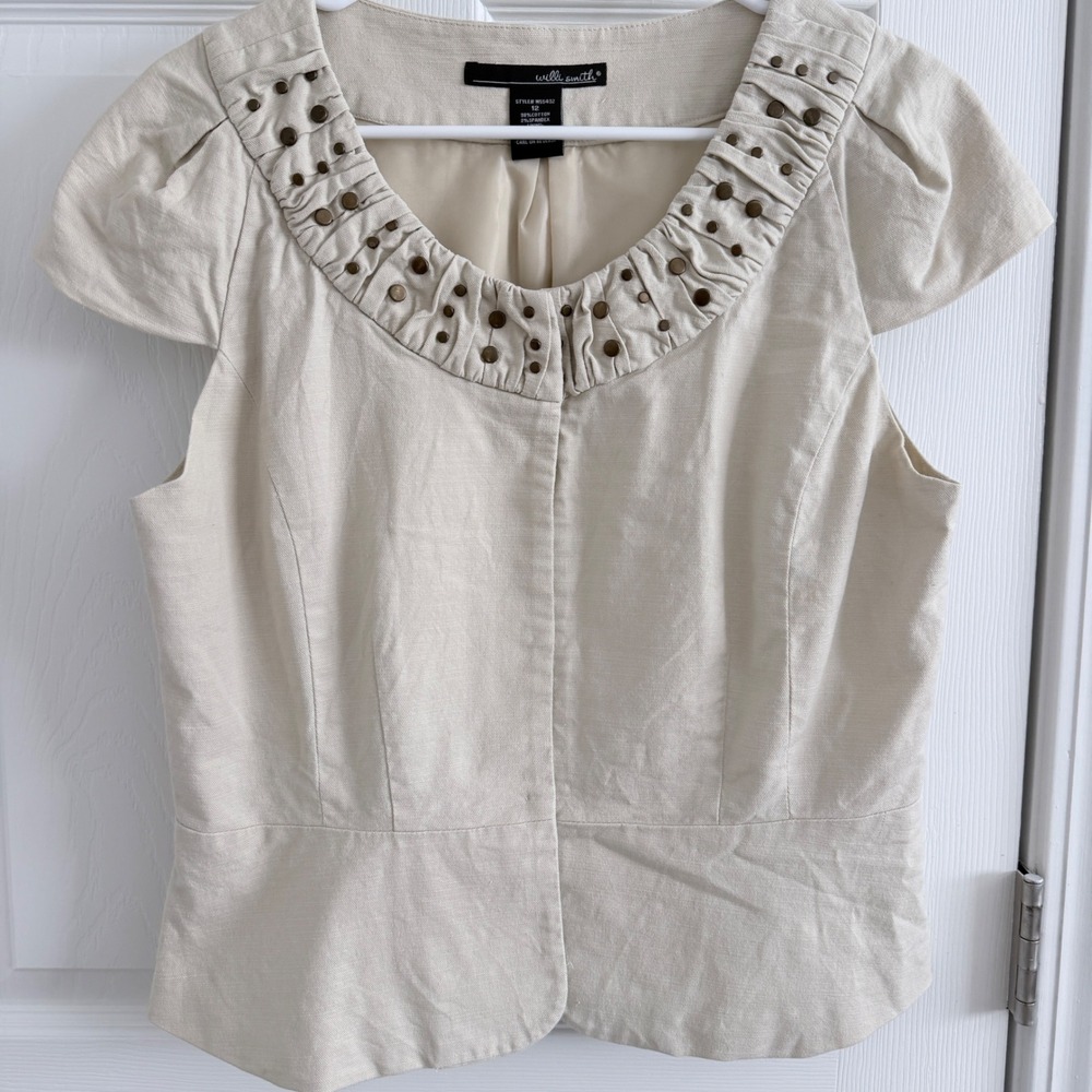 Willi Smith Blouse Women 12 Cream Studded Pleated Neckline Peplum Top Career y2k